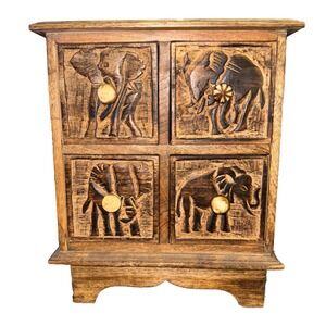 Wood Tabletop 12" Miniature Chest Of Drawers Organizer Carved Elephants w/Knobs
